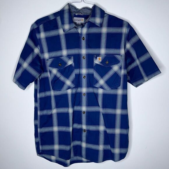 Carhartt Medium Blue-White Plaid Short Sleeve Double Pocket Shirt. - Picture 2 of 5